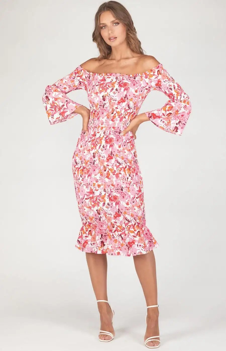 Off the Shoulder Shirred Midi Dress - Shweetcheeks Collection