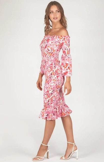 Off the Shoulder Shirred Midi Dress - Shweetcheeks Collection